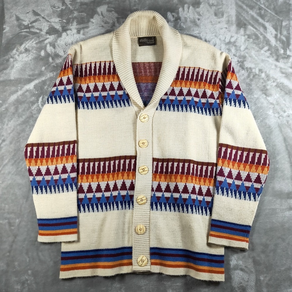 Vintage Studio One By Campus Cardigan Men Medium Southwest Shawl Collar Knit USA